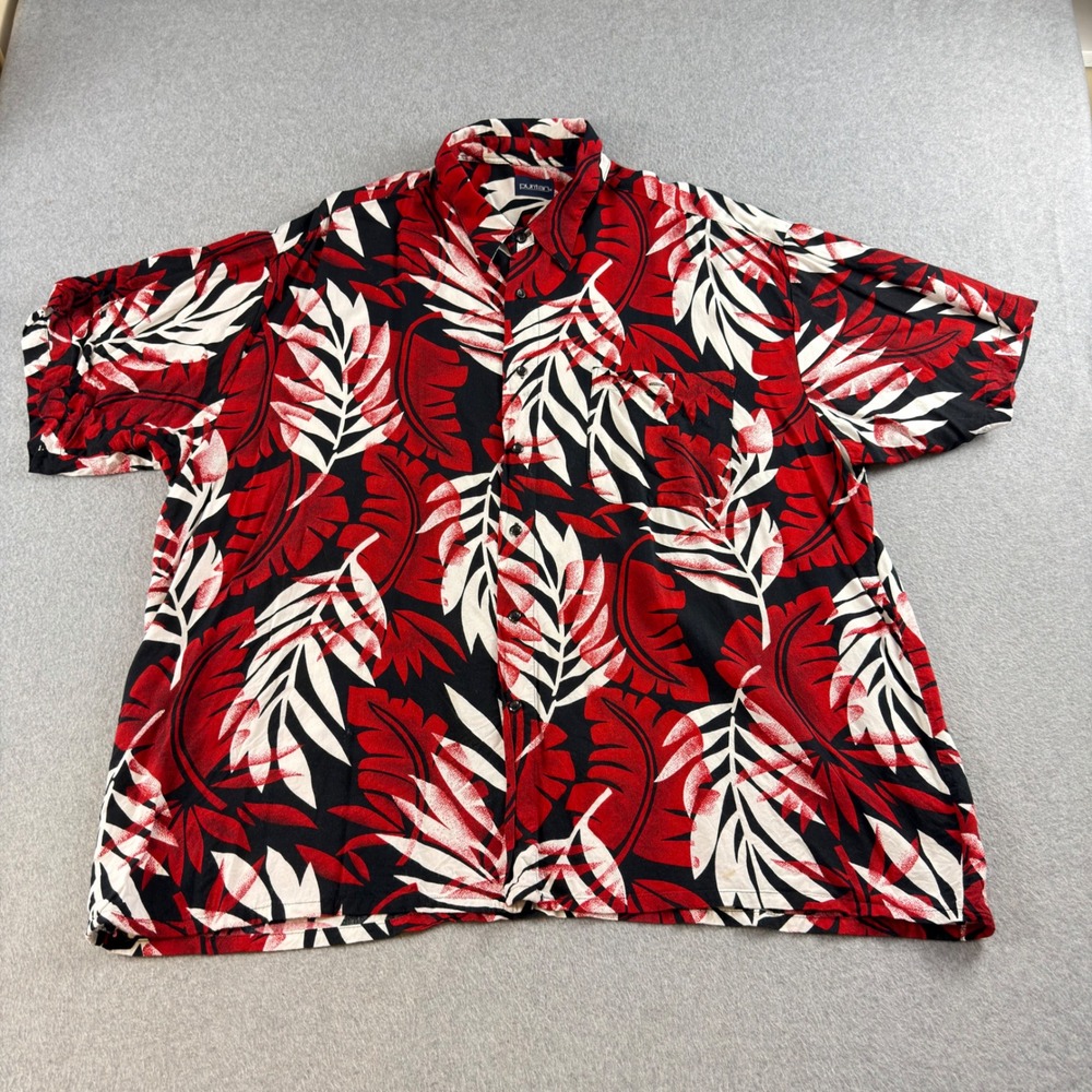 Puritan Mens 2XL Red Black White Tropical Leaf Rayon Button Down Shirt